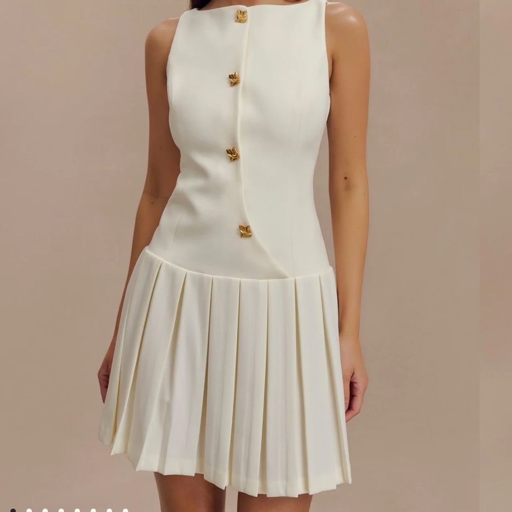 Meshki Ivory Pleated Mini Dress with Gold Buttons - Picture 3 of 6
